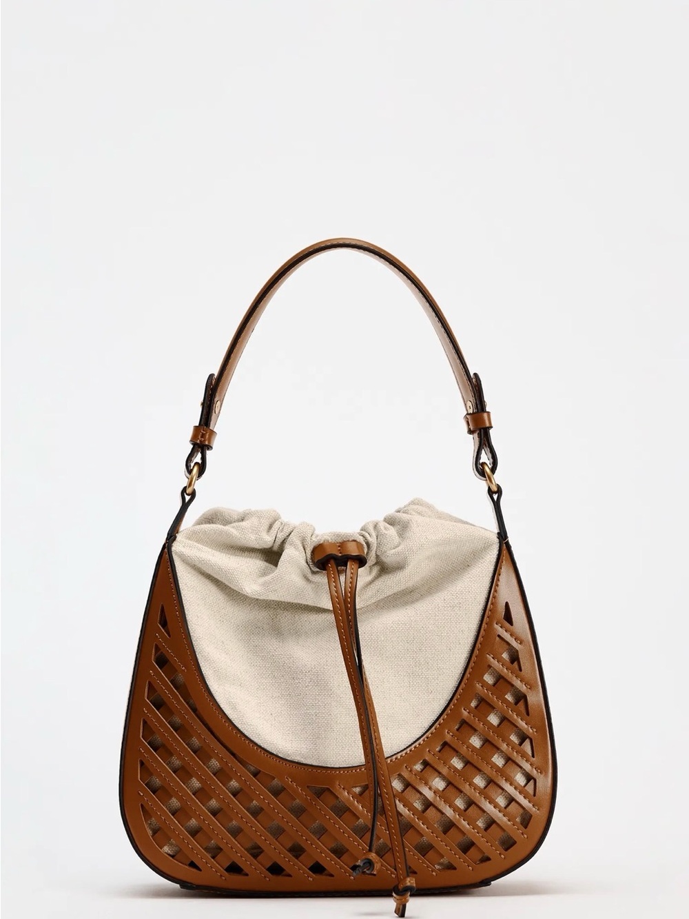 Zara Brown Leather Lattice Shoulder Bag with Cream Drawstring